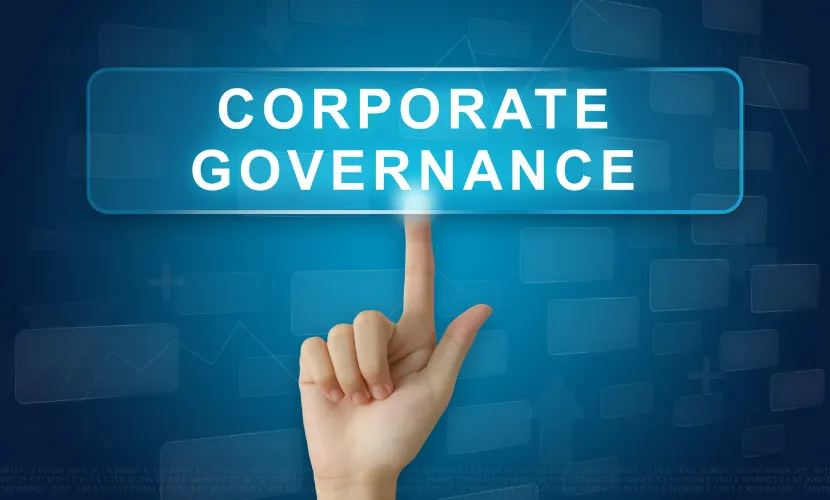 Hand pressing a digital button labeled Corporate Governance on a blue virtual interface.