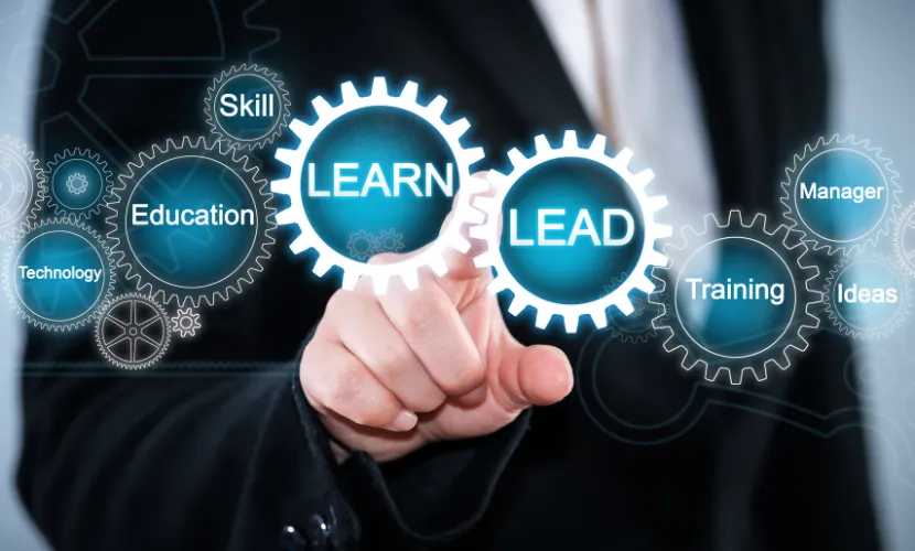 Conceptual diagram linking key elements for development: Skill leads to Learn, Education leads to Lead, Manager connects to Technology and Training, and Ideas is central.