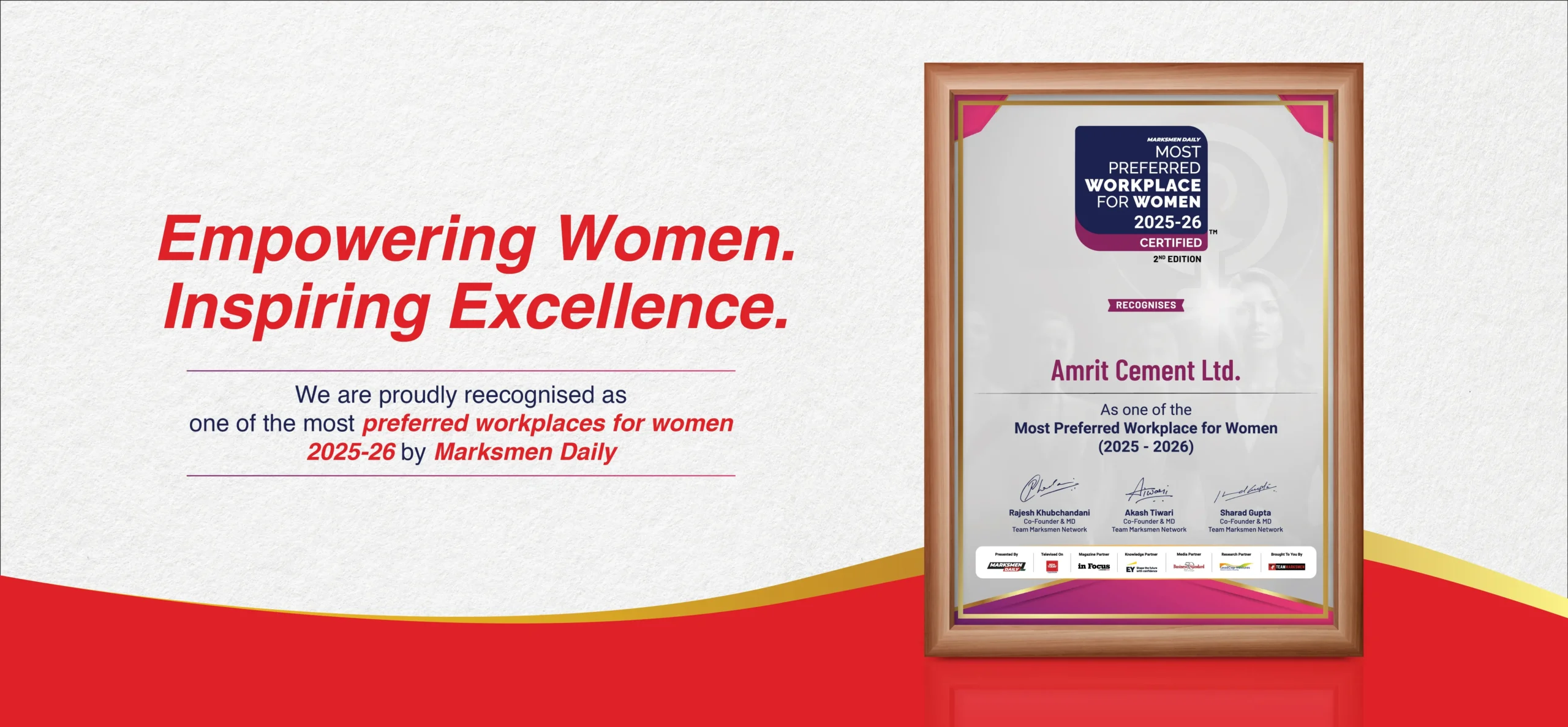 Amrit Cement recognised as one of the most preferred workplaces for women 2025–26 by Marksmen Daily