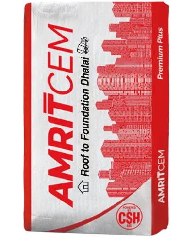 Amritcem Premium Plus cement bag with roof-to-foundation strength and CSH Gel technology