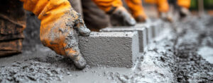 Concrete blocks being set during foundation work, showing the use of the right cement for strong construction from roof to foundation by Amrit Cement.
