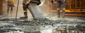 Concrete being poured at a construction site, symbolizing unmatched strength and reliability trusted by Amrit Cement Champions.